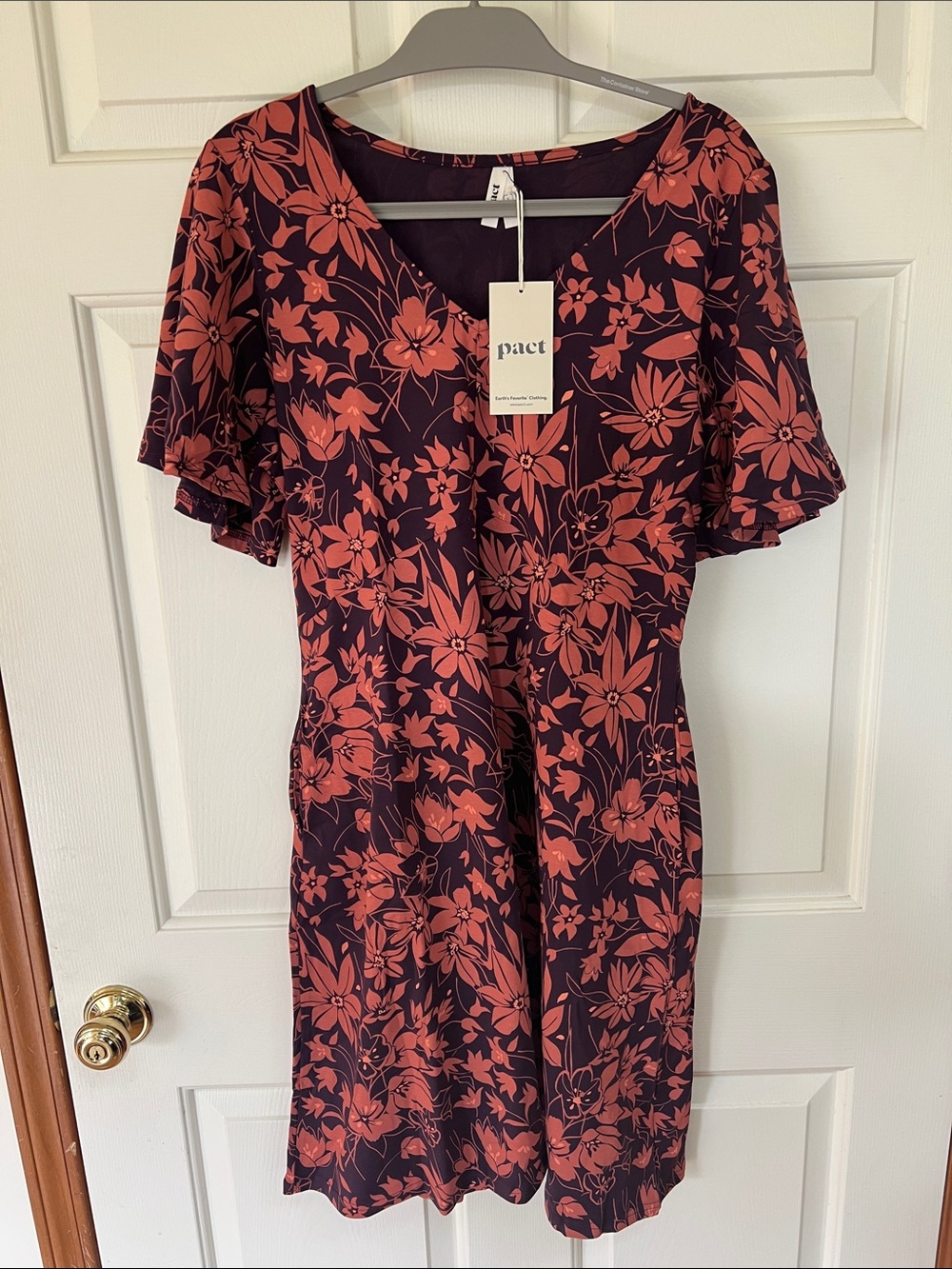 Pact Organic Fit & Flare Easy Dress Large Plum Botanical - Picture 5 of 8